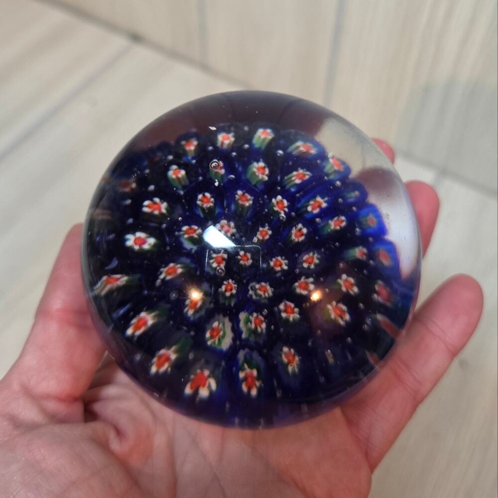 Vtg Blown Glass Floral Millefiori Paperweight Blue Red Boho Art Glass Patriotic